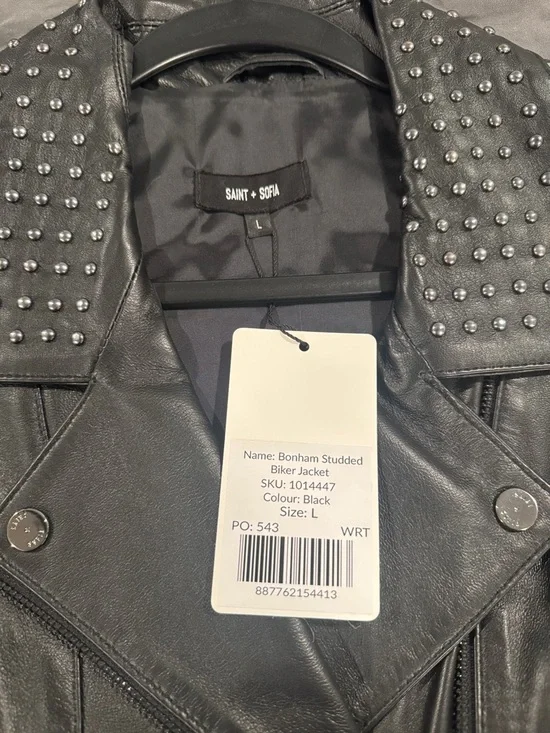 Saint + Sofia Large L Black Studded Leather Moto Jacket NWT - Picture 2 of 6